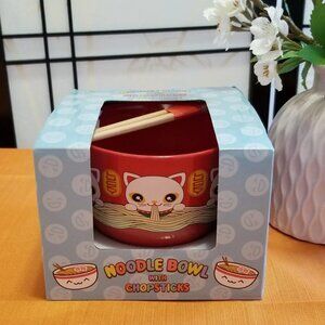 Lucky Cat Eating Noodles - Ramen Noodle Bowl With Chopsticks - New in Box